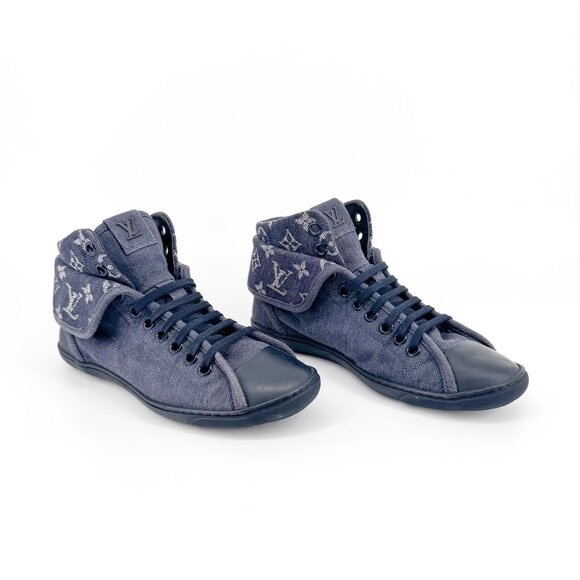 Louis Vuitton Brea LV Navy Blue Denim Mid-Top Sneakers Size 37 US 7 Women - Picture 1 of 13